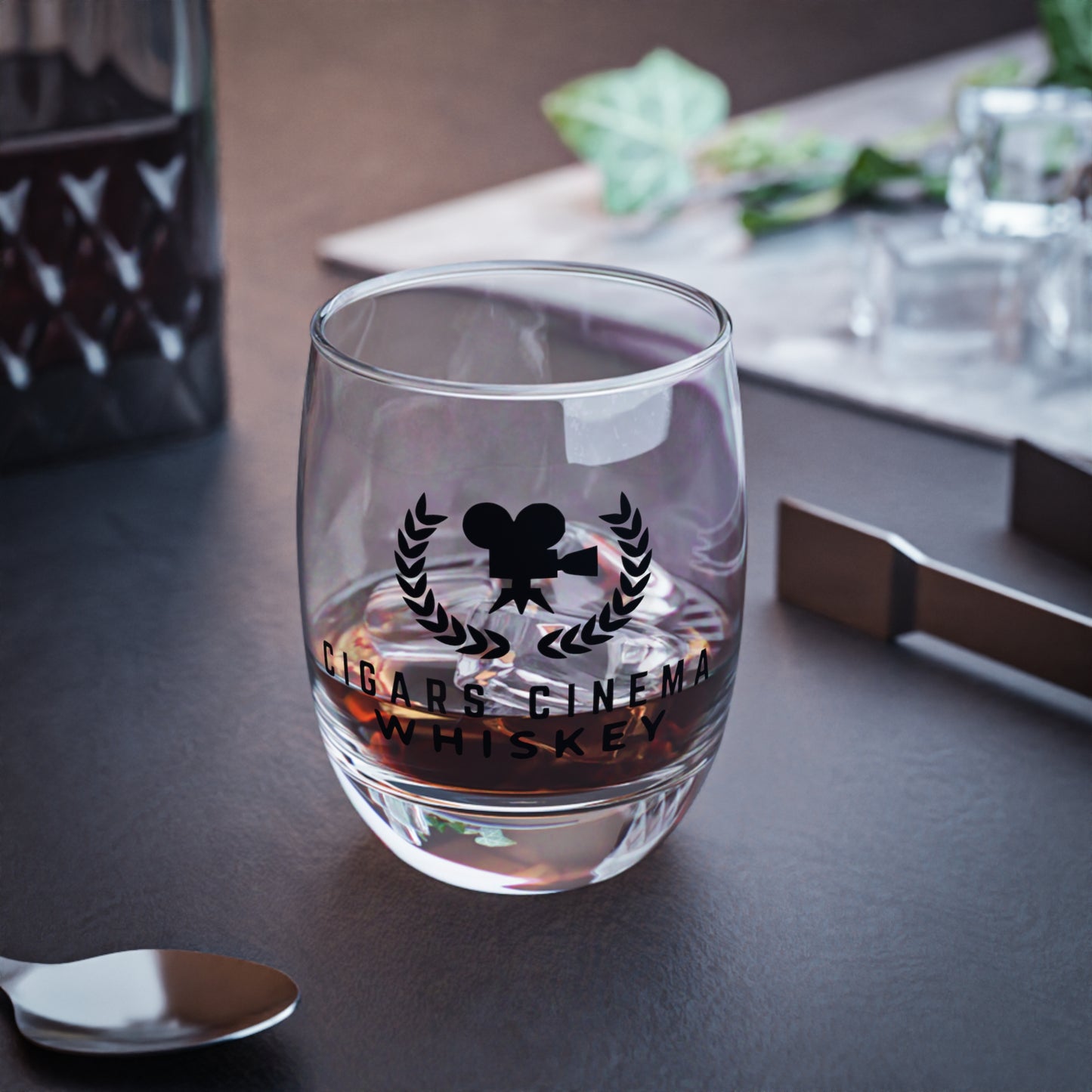 Cigars Cinema Whiskey Glass — Stemless Whiskey Tumbler for Movie & Cigar Lovers