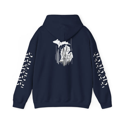 Detroit Skyline 313 w Mi. Art Hoodie Sweatshirt (White Print)