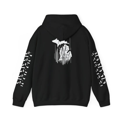 Detroit Skyline 313 w Mi. Art Hoodie Sweatshirt (White Print)